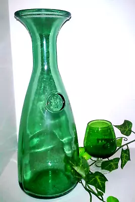 VINTAGE ITALIAN GREEN GLASS Fleur De Lis Design Wine Carafe  & Bonus Glass • $49