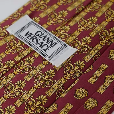 Rare Vintage Gianni Versace Medusa MONOGRAM Logo Gold Red Silk Tie Made In Italy • $79.99