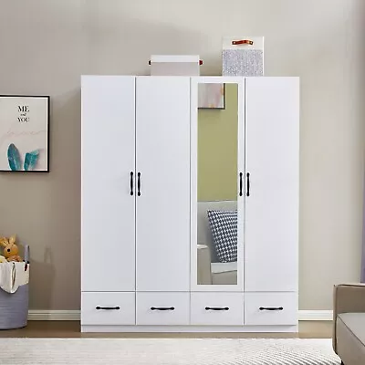 4 Door Mirror Wardrobe Armoire Closet 74 H White Bedroom Storage Closet Cabinet • $529.99
