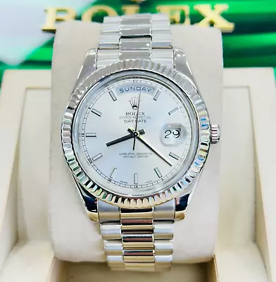 Rolex Day-Date II 218239 41mm 18k White Gold Silver Dial Presidential Band Watch • $37900