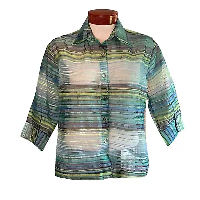 Monterey Bay Women's Large Crinkle Blouse Top Sheer Island Blue Stripes Textured • $13.99
