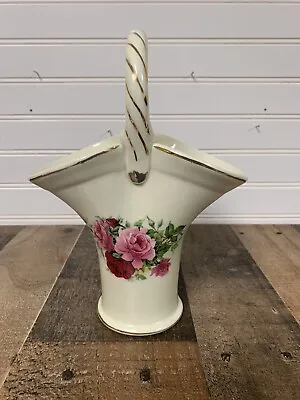 Vintage Formalities By Baum Bros Porcelain Handle Basket Vase Roses W/Gold Trim • $5