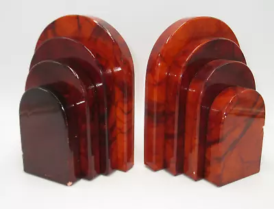 Vtg Alabaster Carved Bookends Burnt Orange Stacked Art Deco Arch Style • $45