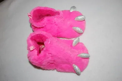 Baby Girls FUZZY HOT PINK MONSTER FEET SLIPPERS Sparkle Toes Claws SIZE 2 • $10.99
