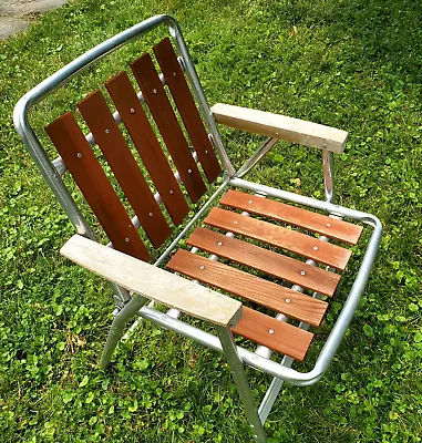 Vintage Red Wood 6 Slat Lawn Chair Aluminum Folding Lawn Deck Patio Beach • $54.99