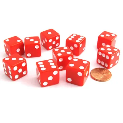 Set Of 10 Six Sided Square Opaque 16mm D6 Dice - Red With White Pip Die • $7.75