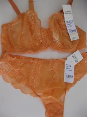 SIMONE PERELE REVE Half Cup Bra 14D / 36D Sz 4 Tanga Apricot Lace Rrp $210 • $93.90