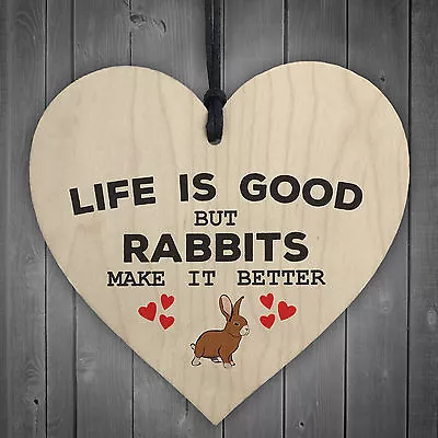 Rabbits Make Life Better Wooden Hanging Heart Plaque Pet Rabbit Hutch Sign Decor • £3.99