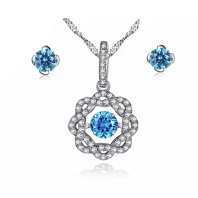 Flora Simulated Blue Topaz Dancing Stone Sterling Silver Pendant & Earring Set • $43.32