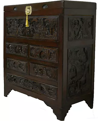 Early 20th Century Chinoiserie Carved Camphor Wood Bachelor's Chest Of Drawers • $2500