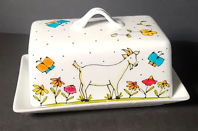 BIA Cordon Bleu Covered Butter Dish Goat Flowers Butterflies Porcelain Rare VTG • $39.99