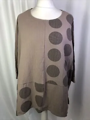 Saloos Cotton Loose Fit Top  Print Taupe Panelled Round Neck 3/4 Sleeve 16 A348 • £9.40