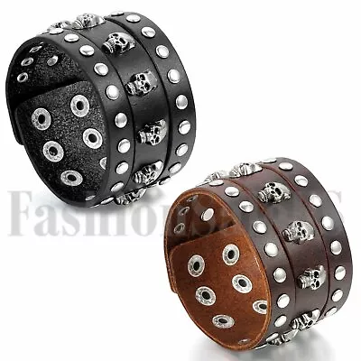 Punk Mens Womens Wide Leather Skull Revit Belt Bracelet Bangle Cuff Wristband • $9.99