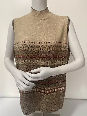 Villager Women Beige Multi Geo Print Sleeveless Turtleneck Mock Neck Top Sz 2 • $29.99