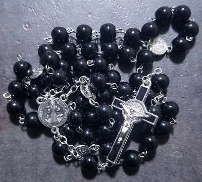 Saint Benedict Rosary Necklace Black Beads And Silver Alloy • $5.95