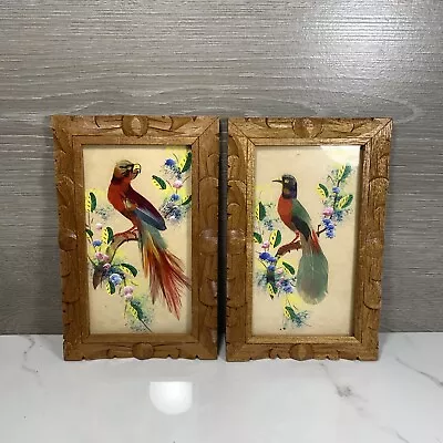 2 Vintage Mexican Folk Art Feathercraft Bird Feather Pictures Wood Frames • $28.99