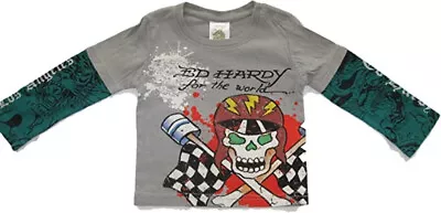 Ed Hardy Baby Boys 2t Toddler Speedy Skull Dbl Sleeve Push Up Grey/Green T Shirt • $24.50