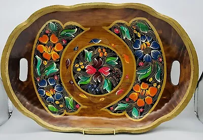 Vintage Old Hand Painted Mexican Folk Art Wood Floral Batea Bowl Tole Tray 19” • $31.50