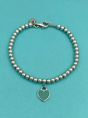 Tiffany & Co Silver & Blue Enamel Heart Tag Mini Bead Bracelet 7” RRP $460 • $325