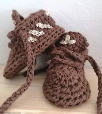 Baby Crochet Hand Made Shoes Trainers Sneakers Clothes Brown Gold Shoes  • £4.99