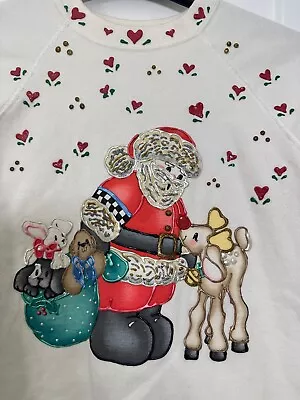 Vintage Christmas Sweater 80s Puffy Paint Santa Reindeer Puppies Holiday • $27