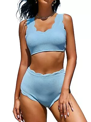 ZAFUL Womens Scalloped Textured Swimwear High Waisted Wide Strap Adjustable • $9.99