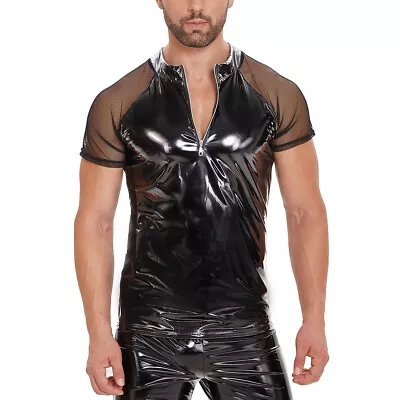 Mens Wetlook Latex Leather T-shirt Short Sleeves/Sleeveless Tees Shirts Clubwear • £18.99