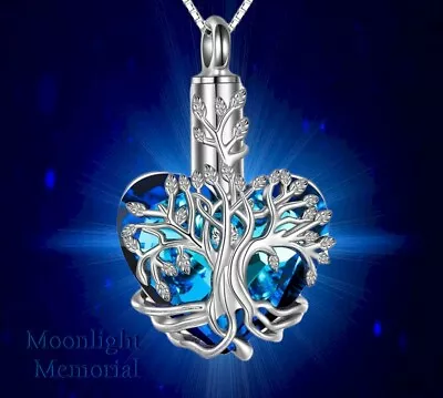 New Tree Heart Crystal Blue Cremation Urn Keepsake Ashes Memorial Necklace • $13.95