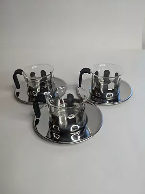 Michael Graves Design Tea Cups & Saucers Glass Stainless Steel Set Of 3 • $59.99