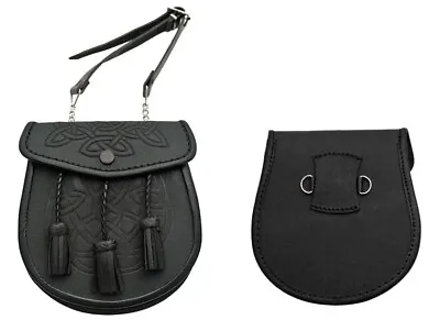 Celtic Embossed Black Leather Kilt SPORRAN & Belt Scottish Bag Pipe Wear Celtic • $24.28