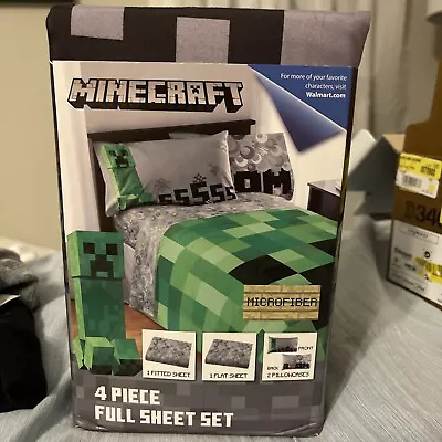 Minecraft Gray Blocks 4 Piece Kids Microfiber Full Sheet Set Gray / Green • $35