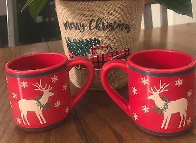 L.L Bean Child’s Red Xmas Mugs Reindeer Snowflakes Stoneware Set Of 2 • $13.50