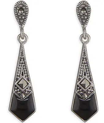 Silver Marcasite Earrings Drop Black Agate Art Deco Style 925 Sterling Silver • £24.61