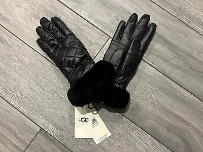 Ugg Womens Faux Fur Trim Quilted Gloves Black Touchscreen Compatible Nwt $85 • $41.99