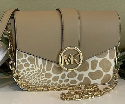 Michael Kors Carmen Medium Chain Shoulder Bag Camel White Animal Print Leather • $127.99