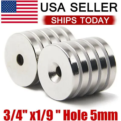 10 50 Strong Countersunk Ring Magnets 3/4  X1/9   Hole 5mm Rare Earth Neodymium • $12.91