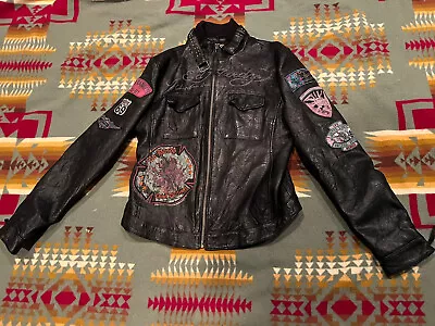 RARE🔥 Ed Hardy Leather Jacket Women's L Patches Motorcycle Debil Darlings 69 • $220