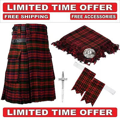 Men's Tartan Utility Scottish Kilts With Fly Plaid - Brooch - Flashes - Kilt Pin • $89.99