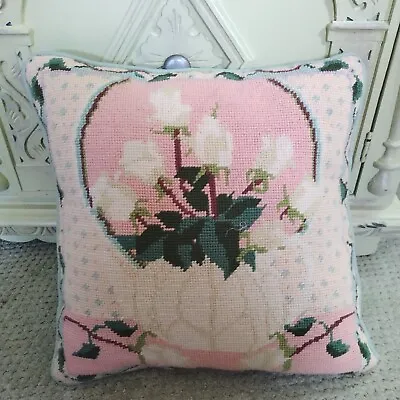 Vintage Handmade Pastel Pink Blue Floral Needlepoint Throw Pillow • $34.99