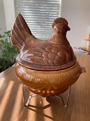 Vintage Covered Hen Chaffing And Serving Dish Copper Base W/ Candle Holder  • $55