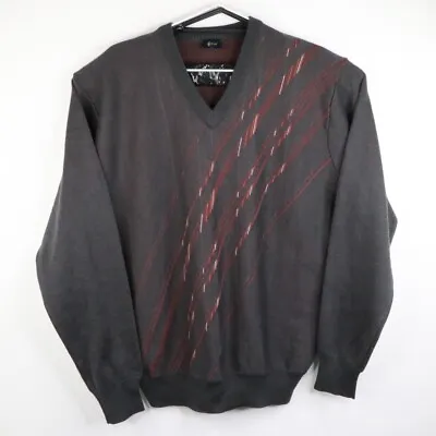 Gabicci Wool Blend Jumper Mens L V Neck Patterned Abstract Embroidered Logo • £7.95