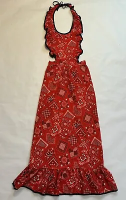 Vintage Apron Red Bandana Print Ruffled Full Bib Cotton Smock Farmhouse 70’s • $18