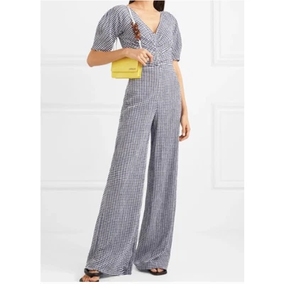 $160 • Buy Staud Gingham Seersucker Wide Leg Jumpsuit Blue White Womens 8 