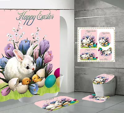 Easter Eggs Rabbit Flower Chick Shower Curtain Toilet Lid Cover Bath Mat Rug Set • $37.74