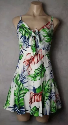Sunny Girl Dress Womens Size 8 Multi Coloured Linen Leaf Print Sleeveless Cotton • $18
