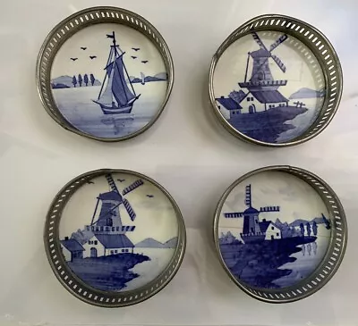 Vintage German Pewter And Porcelain Coasters Blue Windmill And Boat Set Of 4 • $12.99