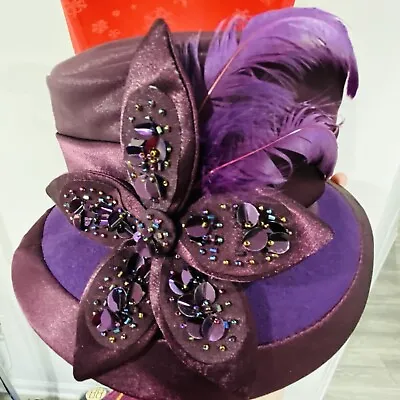 VTG August Accessories Purple Hat Formal Easter Bonnet 100% Wool Satin Beaded • $51.75