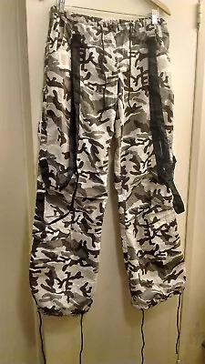 UFO Girl's Strappy Camo 90s Y2K Rave Pants Solid Straps #89075 Large Urba/ Black • $62.29