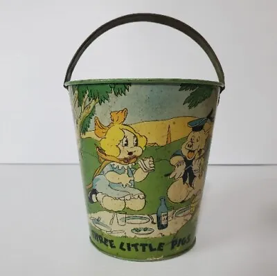 Vintage Three Little Pigs Story Tin Litho Sand Pail Bucket Walt Disney 1930s  • $149.99