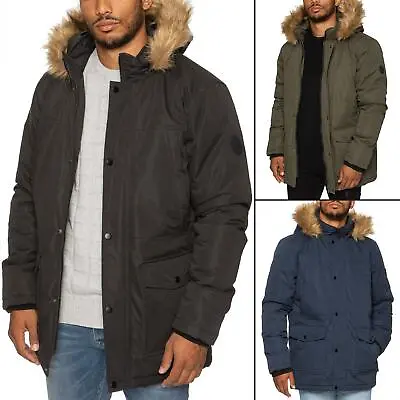 Mens Parka Faux Fur Trimmed Jacket Padded Coat Hooded Winter Warm Long Outerwear • £39.99
